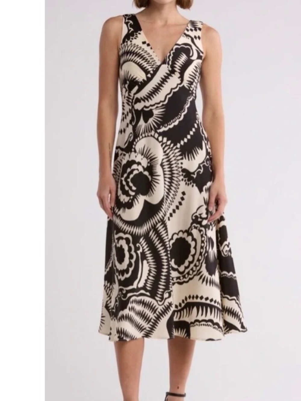 Calvin Klein Print V-Neck Satin Midi Cocktail Dress in Black/Soft White